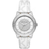 Michael Kors Runway oversized silver-tone watch with pavé crystal dial and white patterned strap
