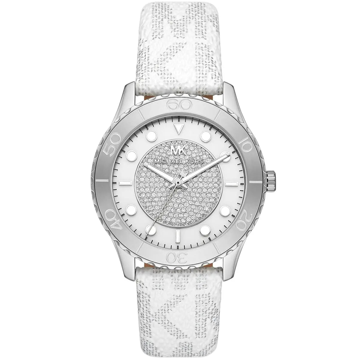 Michael Kors Runway oversized silver-tone watch with pavé crystal dial and white patterned strap