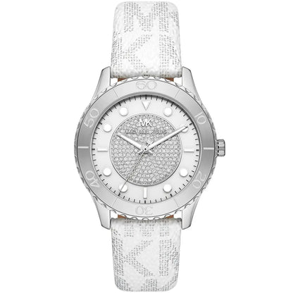 Michael Kors Runway oversized silver-tone watch with pavé crystal dial and white patterned strap