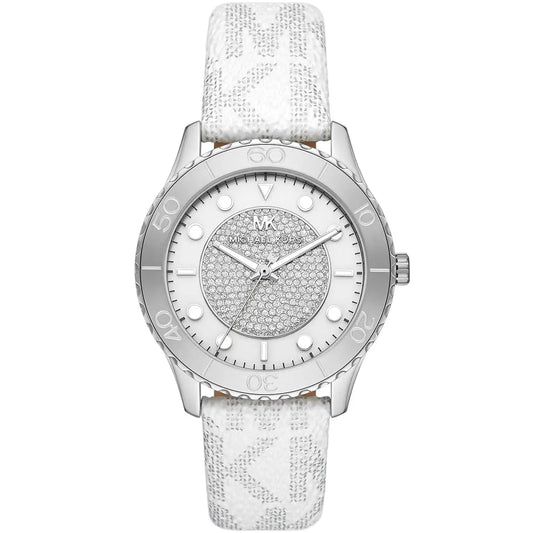 Michael Kors Runway oversized silver-tone watch with pavé crystal dial and white patterned strap