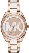 Michael Kors Janelle rose gold women's watch with white acetate strap and MK logo dial