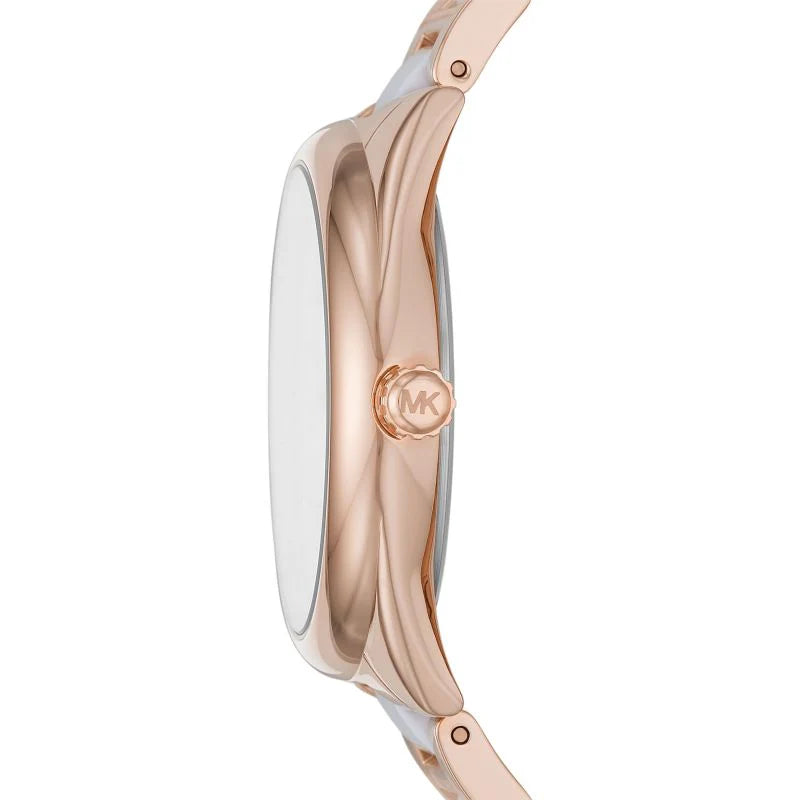 Side profile of Michael Kors Janelle watch showing rose gold and white acetate band
