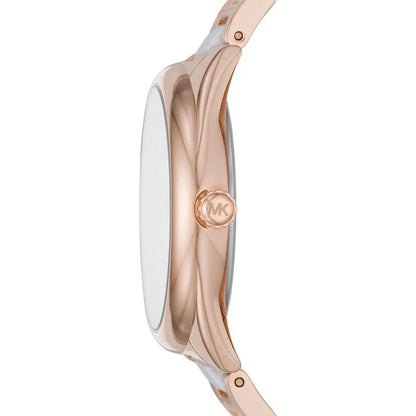 Side profile of Michael Kors Janelle watch showing rose gold and white acetate band