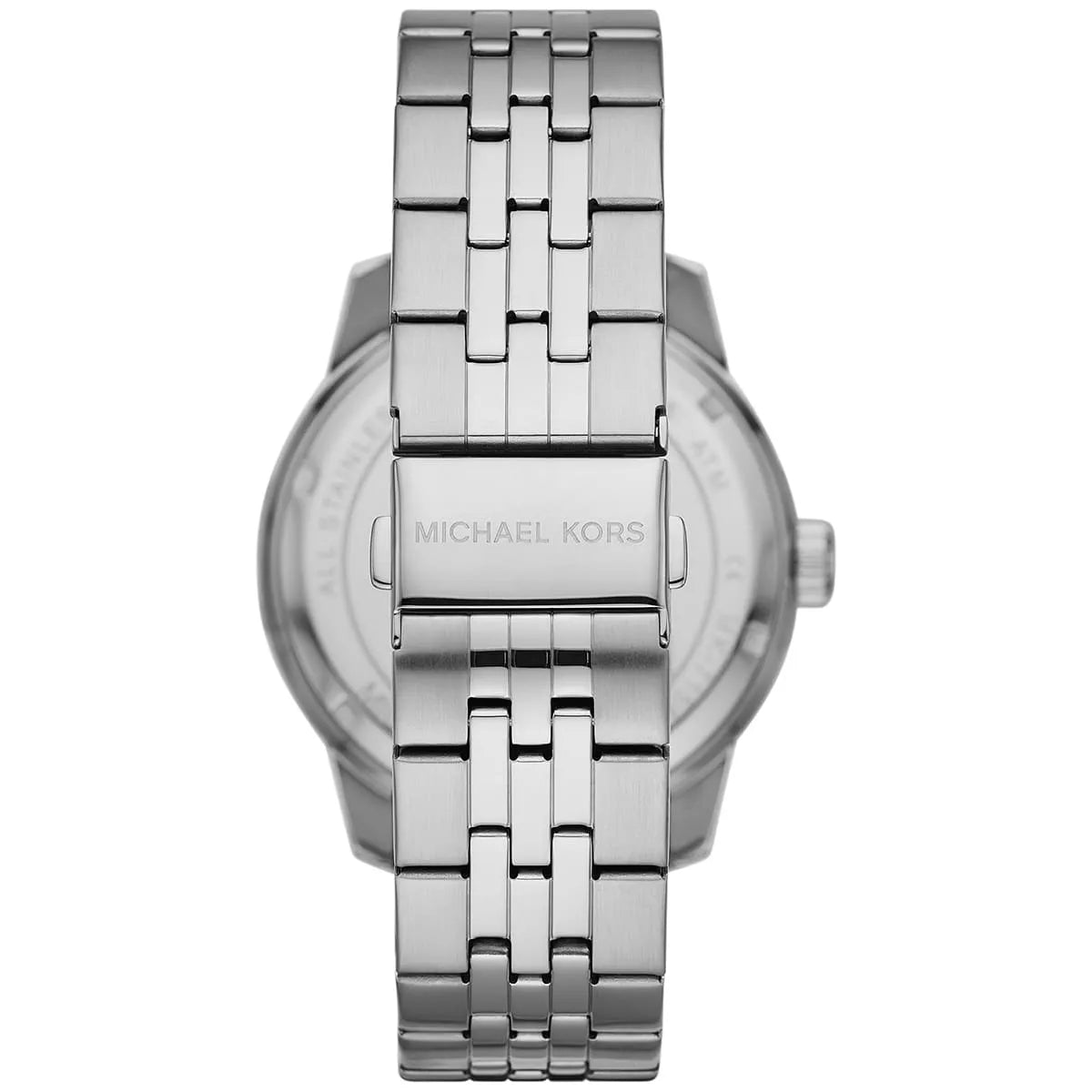 Case back of Michael Kors Cunningham watch showing silver stainless steel and Michael Kors branding