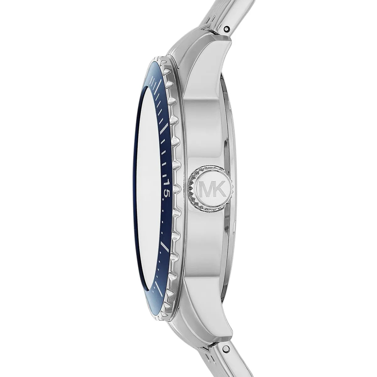 Side profile view of MK7153 showing blue bezel and silver stainless steel case