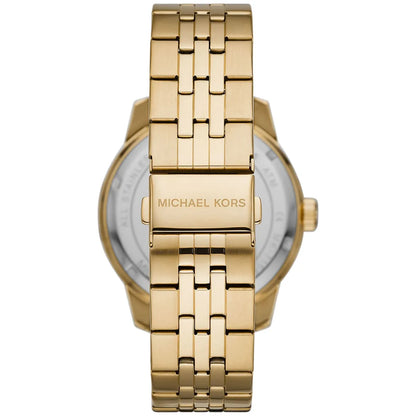 Back of Michael Kors Cunningham watch showing gold-tone case back and stainless steel bracelet