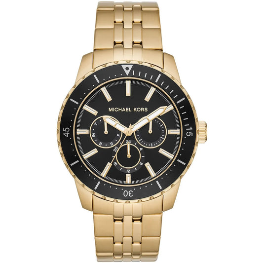 Michael Kors Cunningham men's watch with black dial, chronograph subdials, and gold-tone stainless steel bracelet