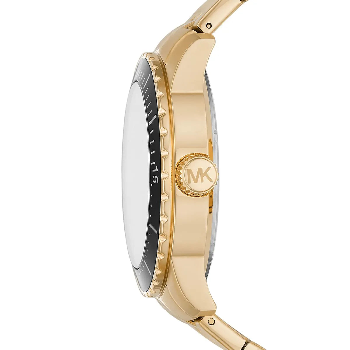 Side view of Michael Kors Cunningham watch showing gold-tone case and black bezel detail