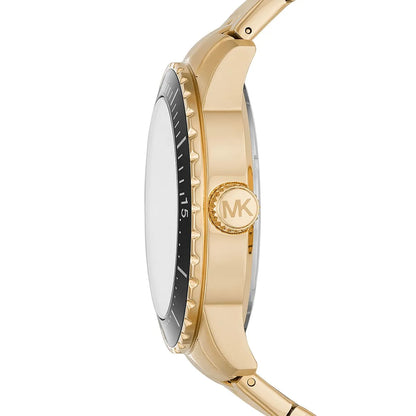 Side view of Michael Kors Cunningham watch showing gold-tone case and black bezel detail