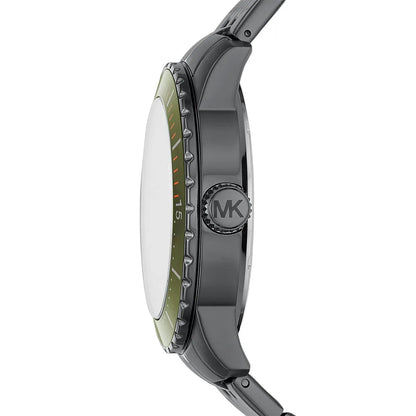 Michael Kors Cunningham MK7158 side profile view showing gunmetal case thickness and green dial edge