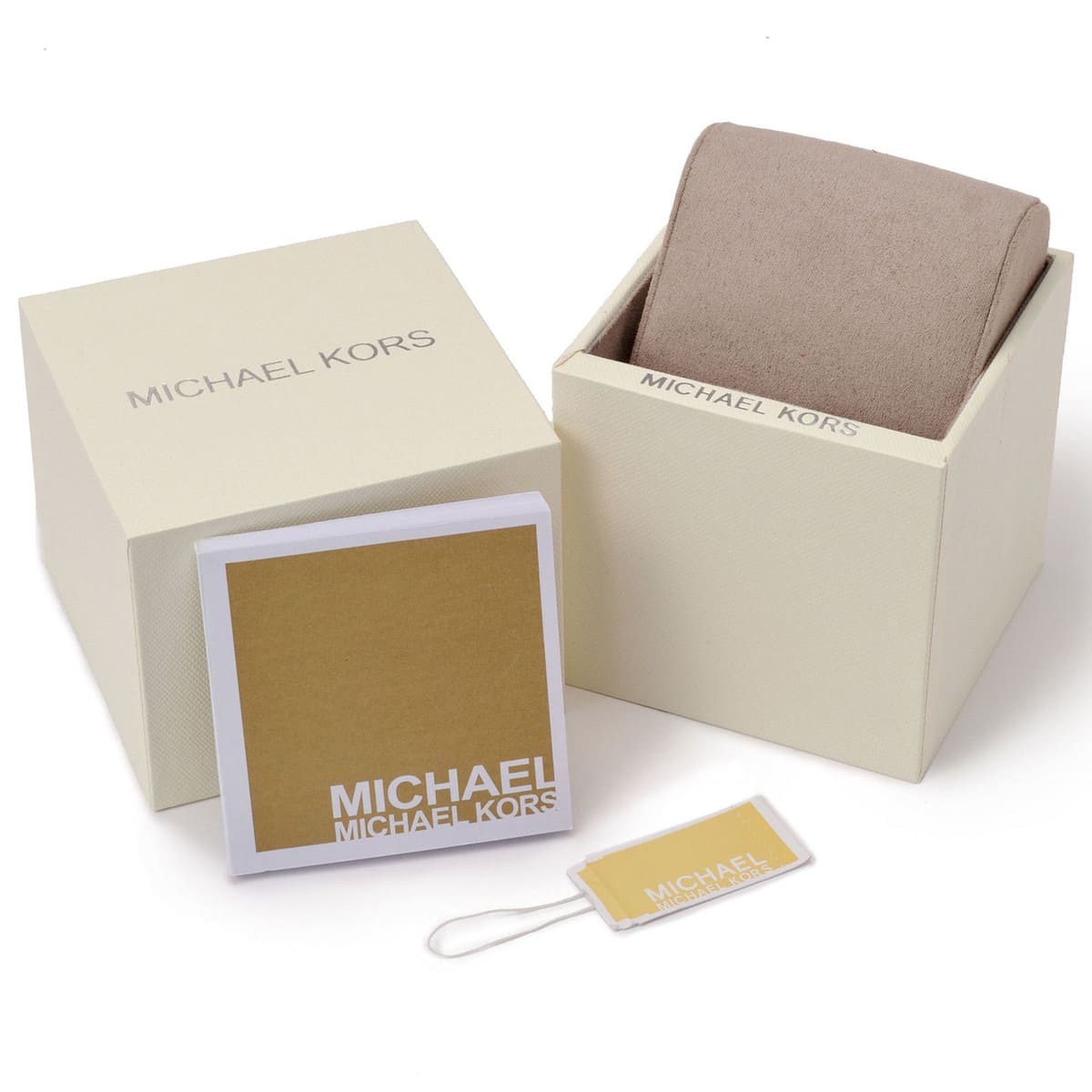 Michael Kors watch gift box with beige exterior, gold design, and branded accessories