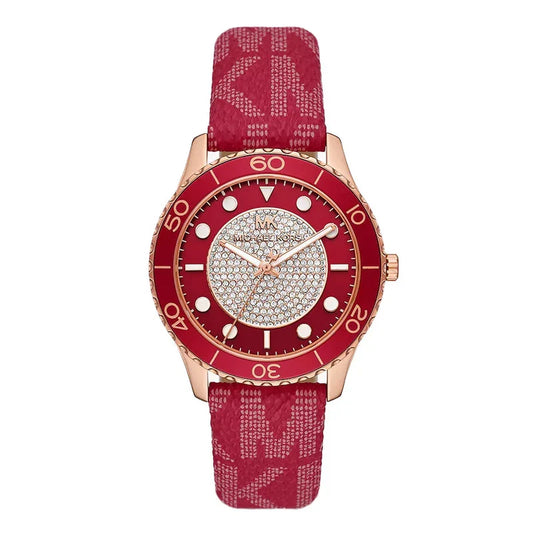 Michael Kors MK7179 red dial women's watch with pavé markers, red bezel, and red canvas strap