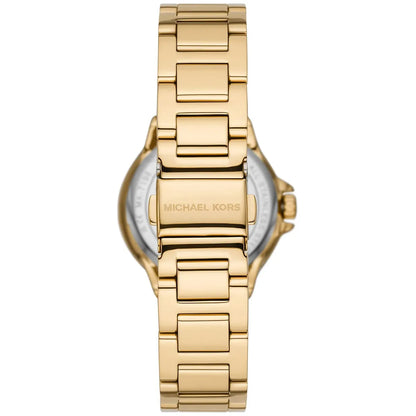 Michael Kors Camille MK7196 caseback view showing gold-tone stainless steel case and bracelet