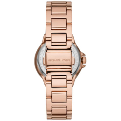 Michael Kors Camille watch caseback displaying rose gold metal with engraved Michael Kors branding