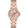 Michael Kors Camille women's watch with rose gold case, crystal bezel, pink dial with MK logo, and rose gold bracelet
