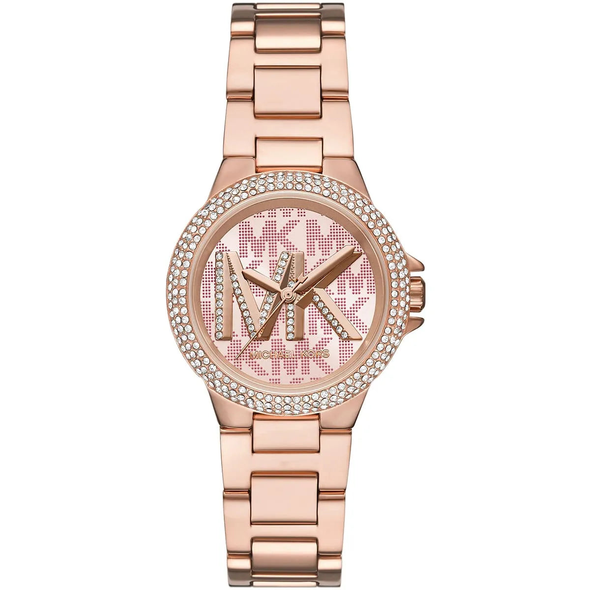 Michael Kors Camille women's watch with rose gold case, crystal bezel, pink dial with MK logo, and rose gold bracelet