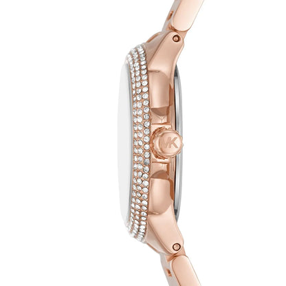Michael Kors Camille watch side view displaying case thickness with crystal bezel and rose gold bracelet