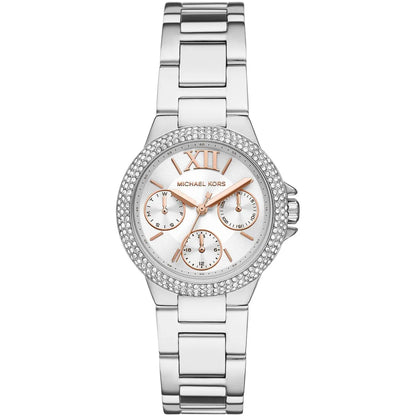 Michael Kors Camille MK7198 silver-tone women's watch with white multifunction dial and crystal bezel