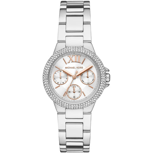 Michael Kors Camille MK7198 silver-tone women's watch with white multifunction dial and crystal bezel