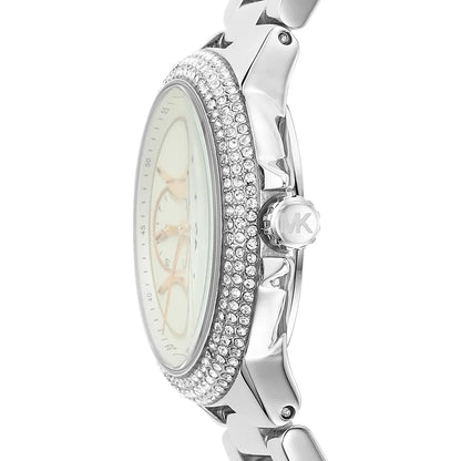Michael Kors Camille MK7198 watch side profile showing crystal-adorned case and silver-tone bracelet