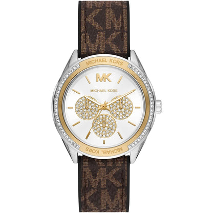 Michael Kors Jessa silver sunray dial women's watch with crystal bow design and brown PVC strap