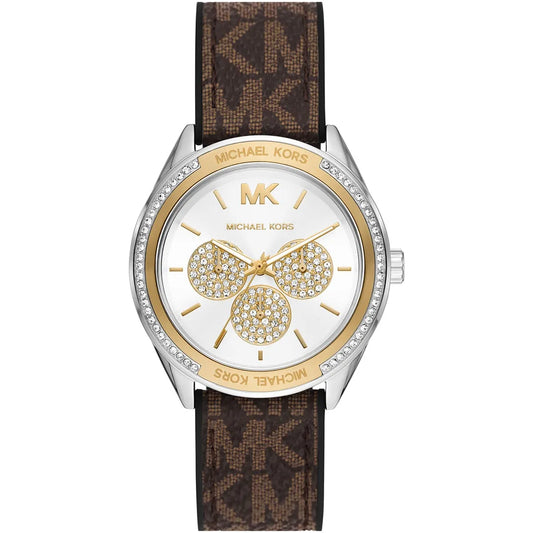 Michael Kors Jessa silver sunray dial women's watch with crystal bow design and brown PVC strap