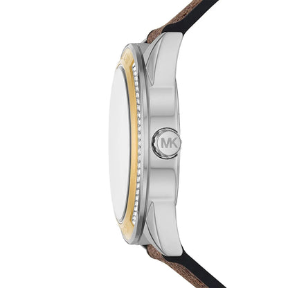 Michael Kors Jessa watch side view showing silver stainless steel case with crystal bezel