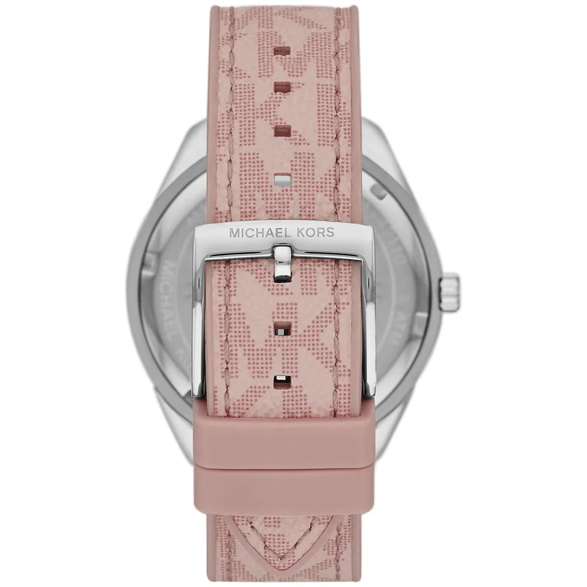 Michael Kors Jessa watch caseback showing silver case, Michael Kors logo medallion, and pink strap