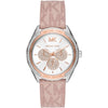 Michael Kors Jessa women's watch with white dial, rose gold crystal details, pink strap, and silver case