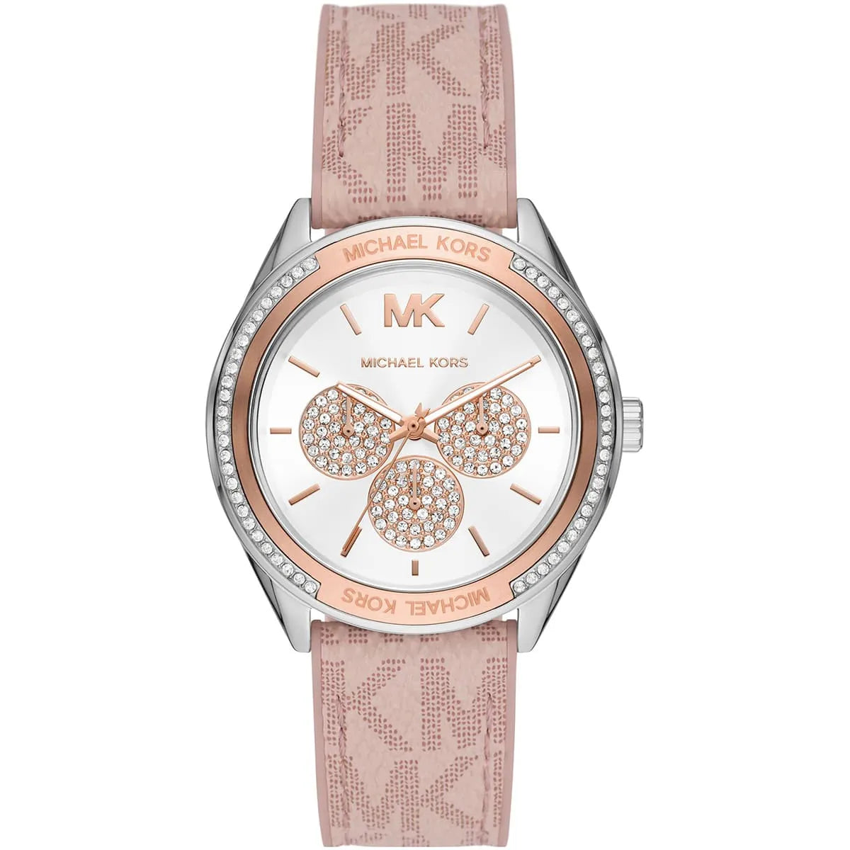 Michael Kors Jessa women's watch with white dial, rose gold crystal details, pink strap, and silver case
