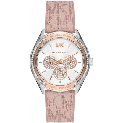 Michael Kors Jessa women's watch with white dial, rose gold crystal details, pink strap, and silver case