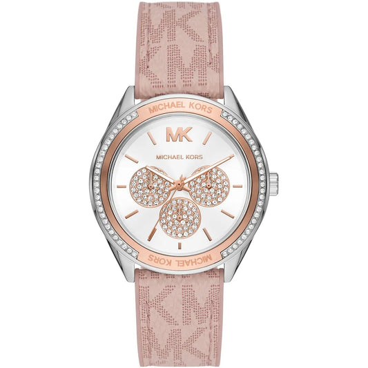 Michael Kors Jessa women's watch with white dial, rose gold crystal details, pink strap, and silver case