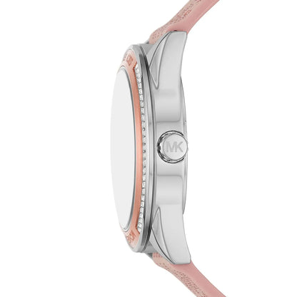 Michael Kors Jessa watch side profile showing case thickness, bezel, pink strap, and crown detail