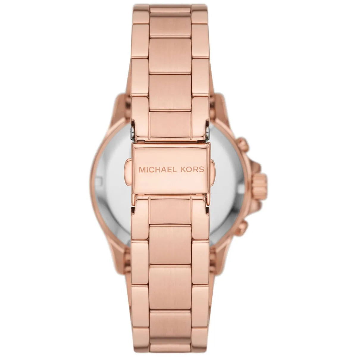 Back view of Michael Kors Everest watch showing rose gold-tone caseback with MK logo