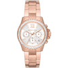Michael Kors Everest chronograph watch with rose gold-tone case, white dial, crystal bezel, and rose gold bracelet