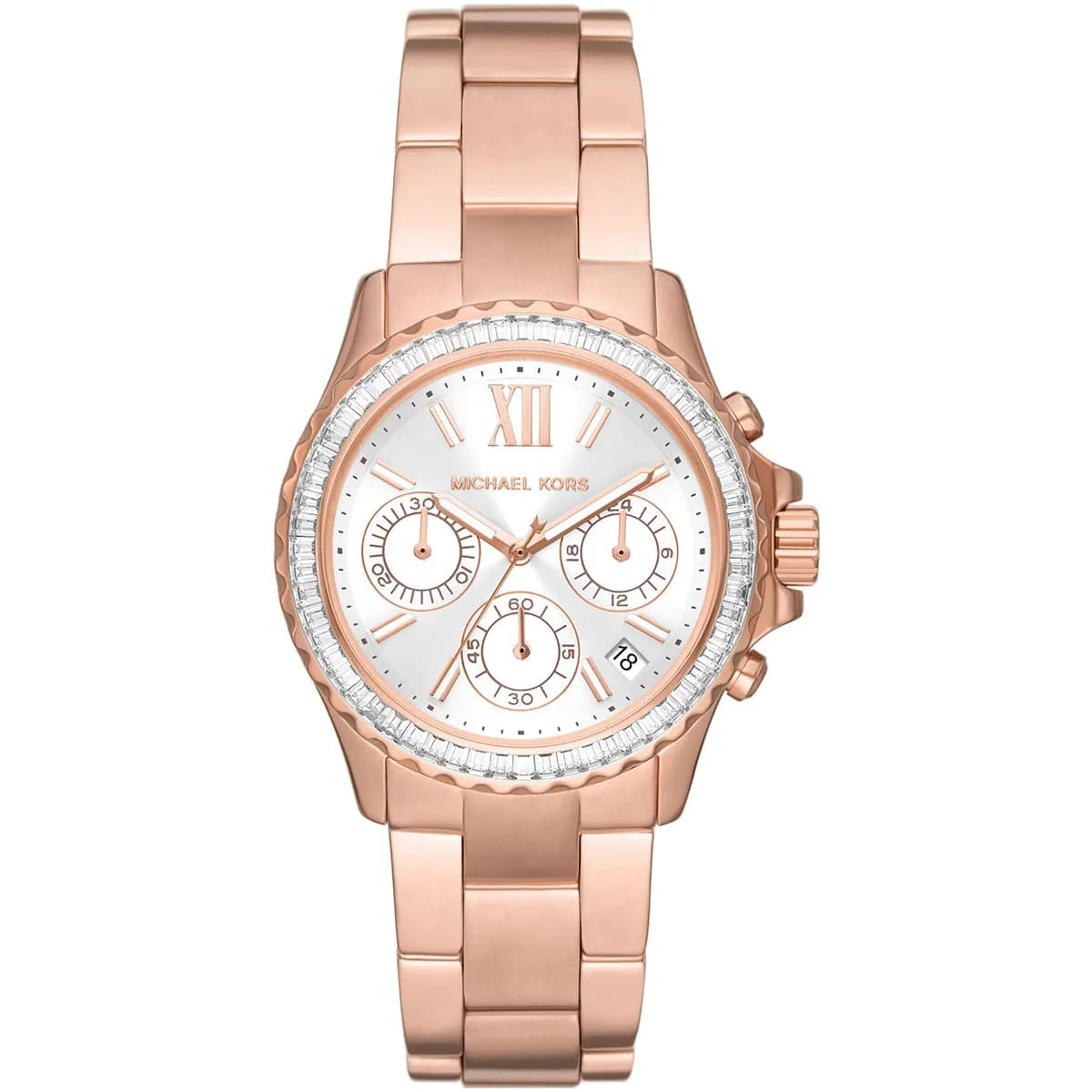 Michael Kors Everest chronograph watch with rose gold-tone case, white dial, crystal bezel, and rose gold bracelet