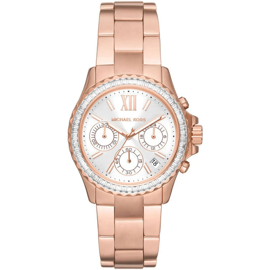 Michael Kors Everest chronograph watch with rose gold-tone case, white dial, crystal bezel, and rose gold bracelet