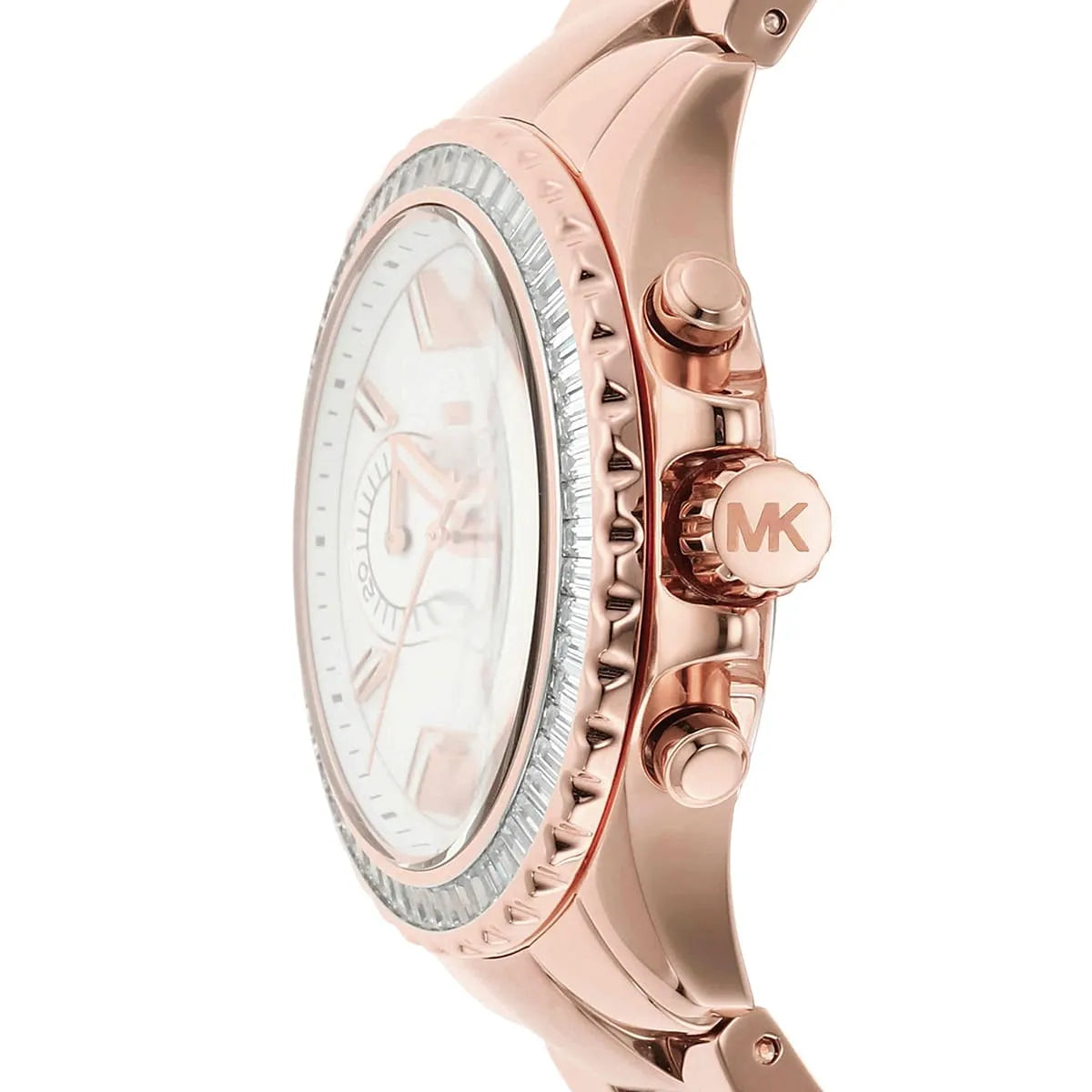 Side view of Michael Kors Everest watch showing rose gold-tone case profile and chronograph pushers