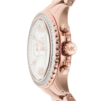 Side view of Michael Kors Everest watch showing rose gold-tone case profile and chronograph pushers