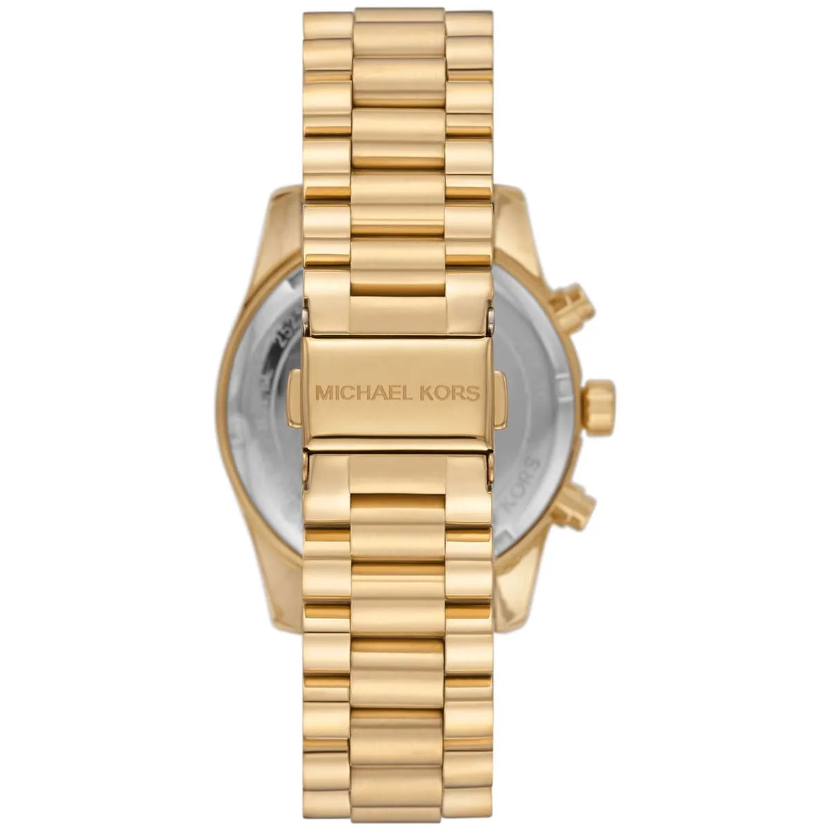 Caseback of Michael Kors Lexington with stainless steel engraving and gold-tone bracelet