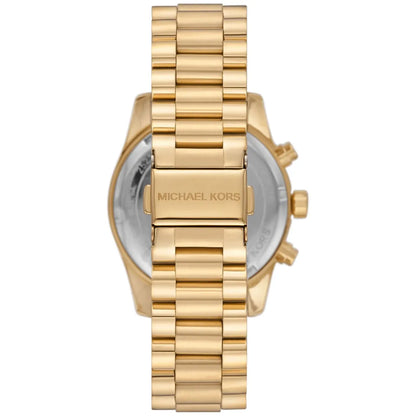 Caseback of Michael Kors Lexington with stainless steel engraving and gold-tone bracelet