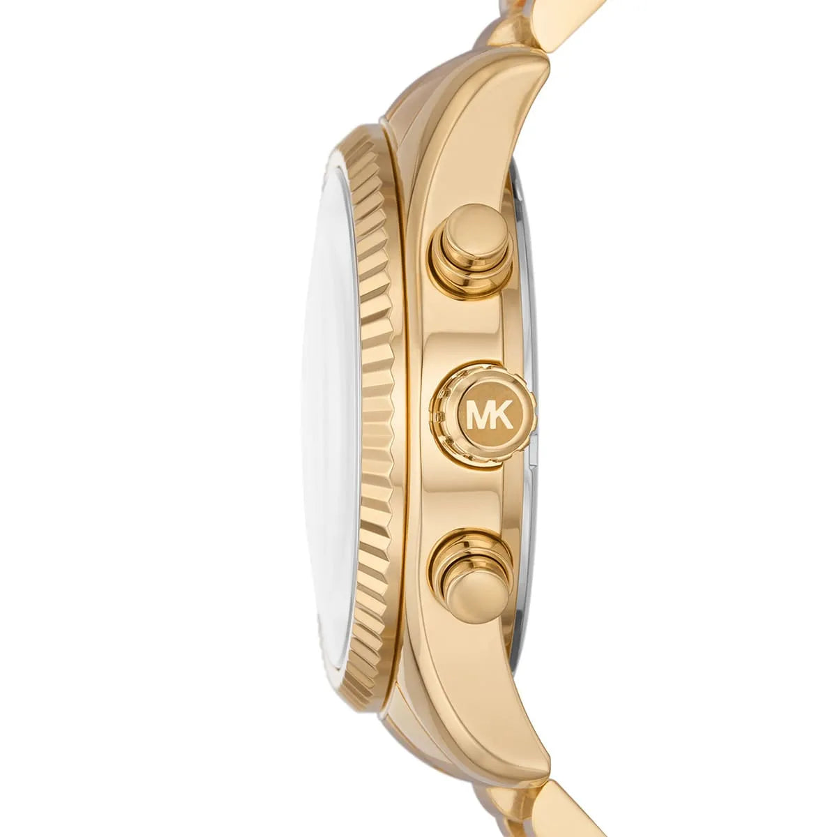 Side view of Michael Kors Lexington showing gold-tone case with reeded bezel and chronograph pushers