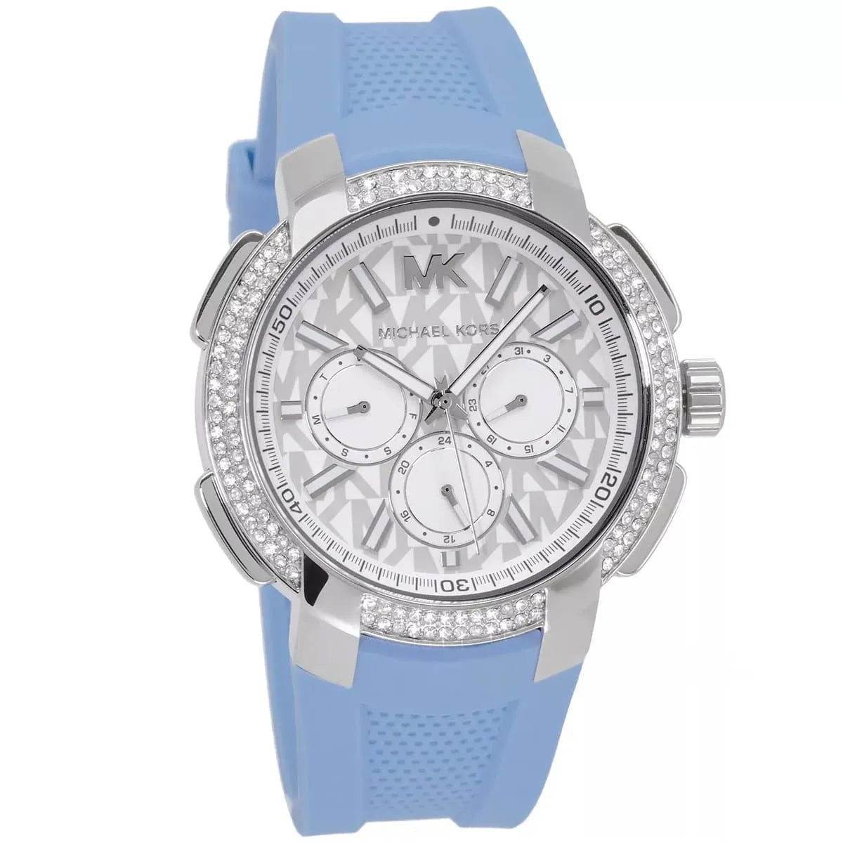 Michael Kors Sidney multifunction watch angled view showing white dial and blue rubber strap