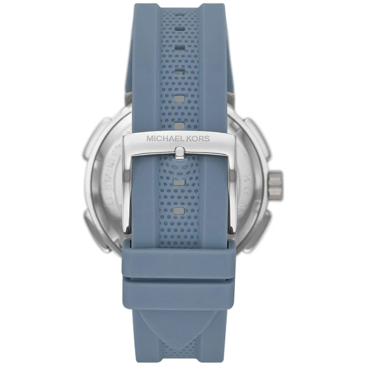 Michael Kors Sidney watch caseback showing blue silicone strap and Michael Kors branding