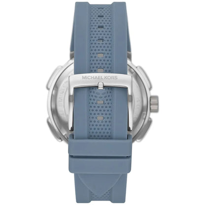 Michael Kors Sidney watch caseback showing blue silicone strap and Michael Kors branding