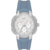 Michael Kors Sidney women's watch with silver dial, crystal bezel, and blue silicone strap