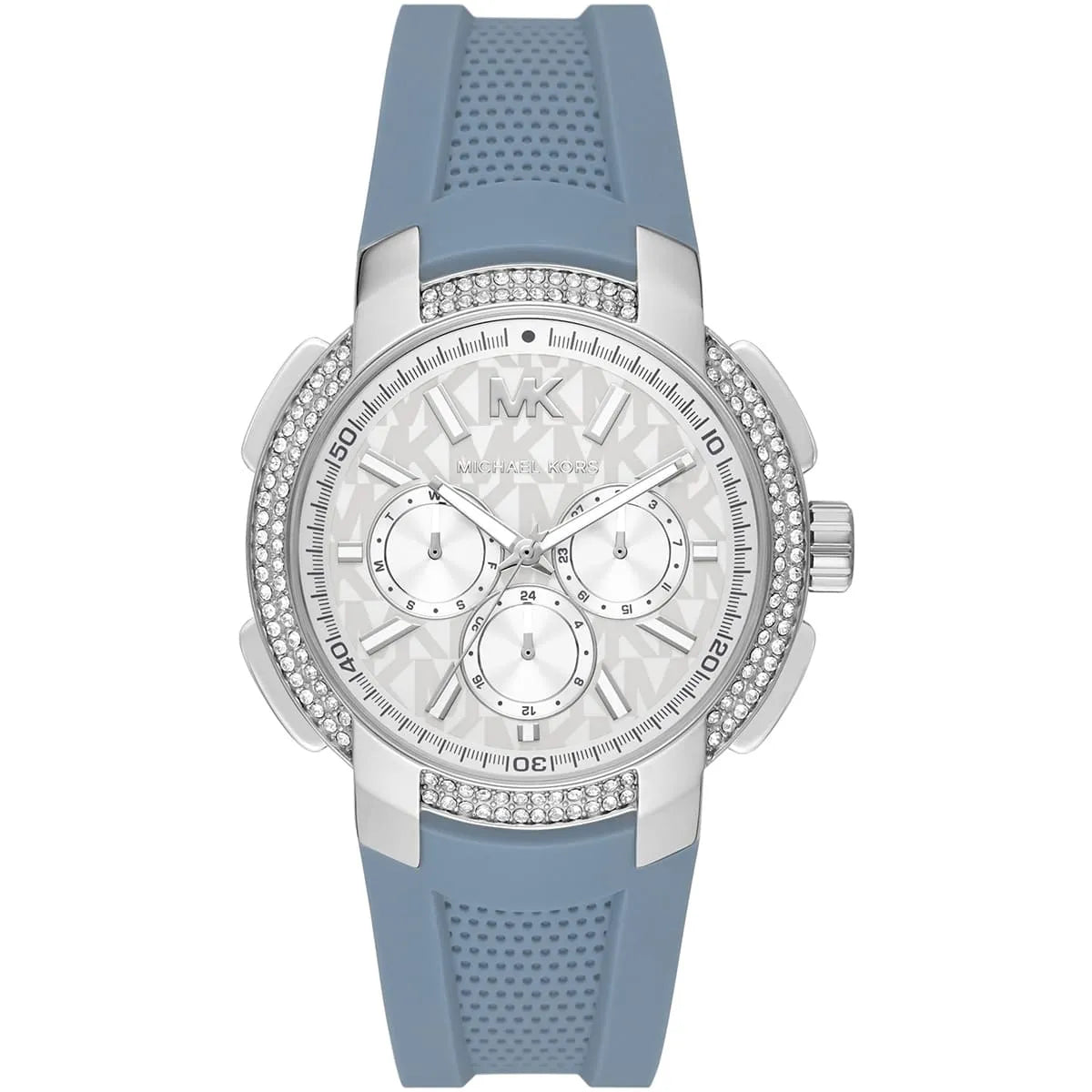Michael Kors Sidney women's watch with silver dial, crystal bezel, and blue silicone strap