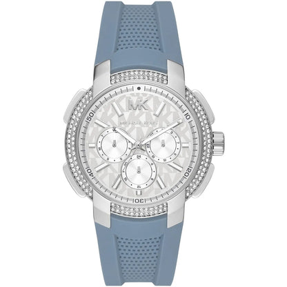 Michael Kors Sidney women's watch with silver dial, crystal bezel, and blue silicone strap