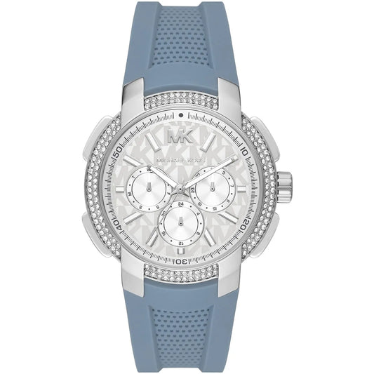 Michael Kors Sidney women's watch with silver dial, crystal bezel, and blue silicone strap