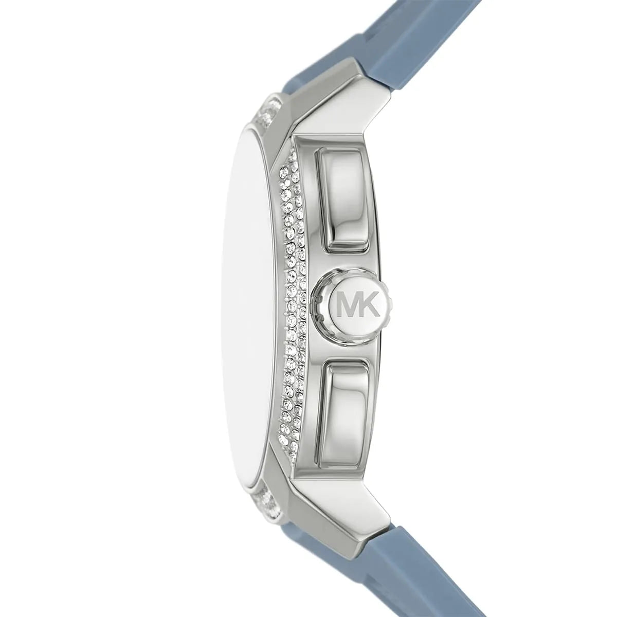 Michael Kors Sidney watch side profile showing crystal-set case and blue silicone band